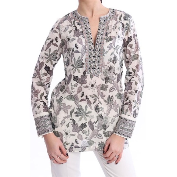 Tory Burch Embellished Botanical Print Tunic - Picture 1 of 16